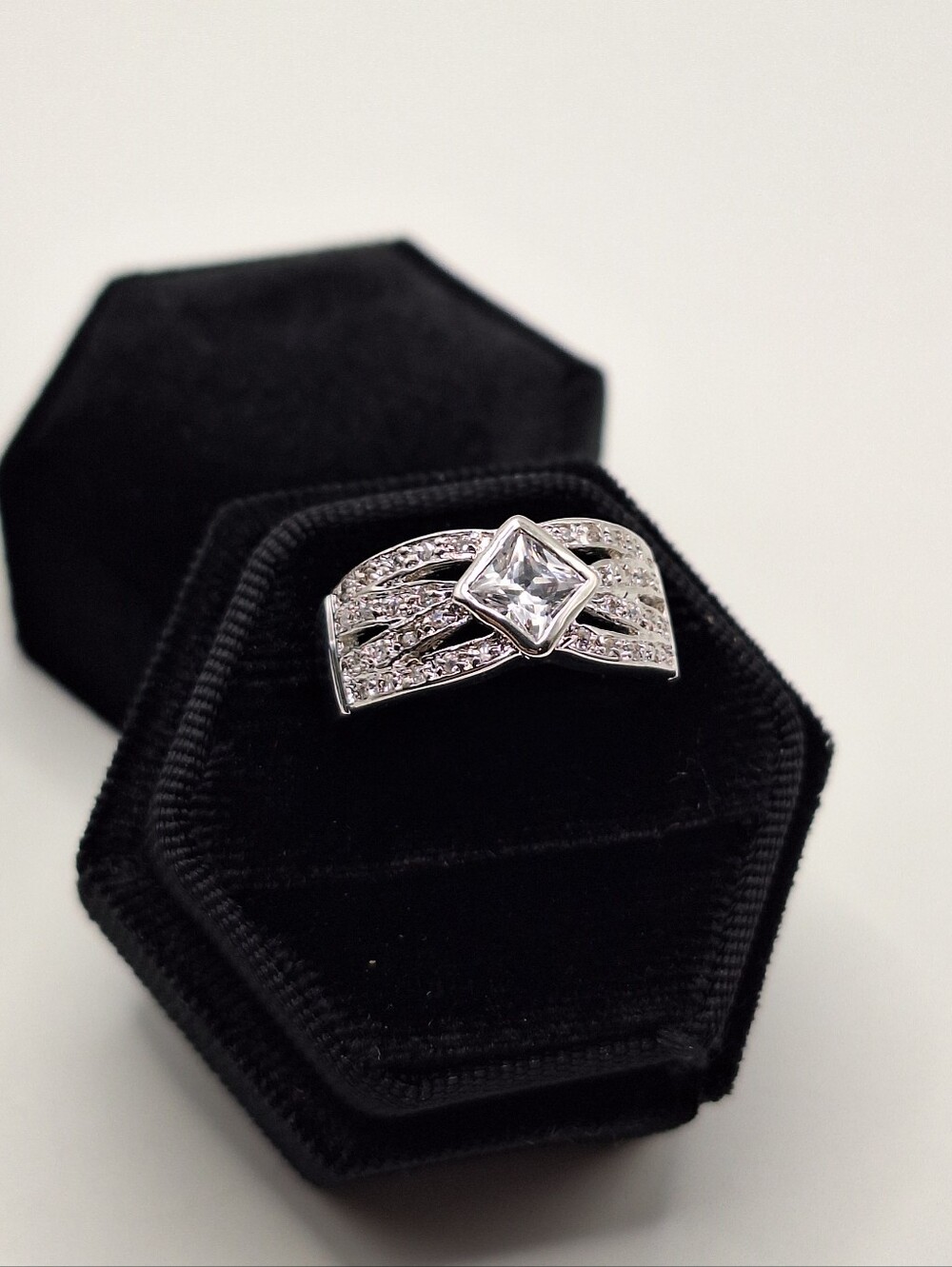 Princess Cut Swarovski Crystal Pave Ring Silver Tone Size 7.5